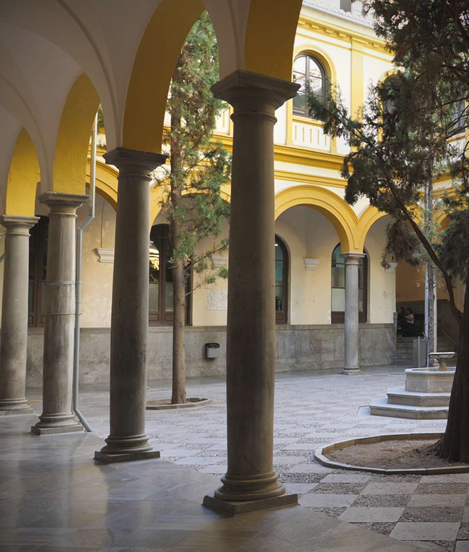 Patio central con columnas de la Facultad de Derecho, en el mismo se ve un árbol principal y una fuente en su centro.