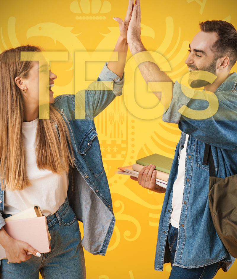 Portada de los TFGs de la Universidad de Granada con el logo de Ã©sta de fondo y dos estudiantes chocando las manos