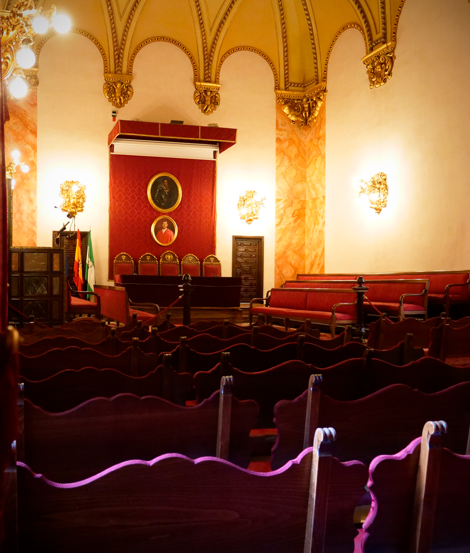Salón de actos institucional de la Facultad de Derecho, el espacio cuenta con diversos asientos y una zona principal para autoridades.
